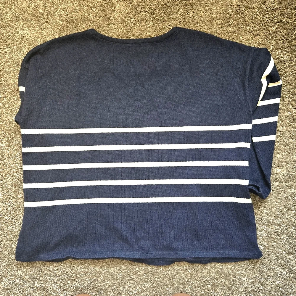 Eileen Fisher Navy And White Striped Organic Cotton Knit Sweater Size Large - Picture 4 of 6